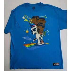 WWE "the New Day"‎ Men's XL Wrestling Unicorn Rainbow Blue Cotton T-shirt